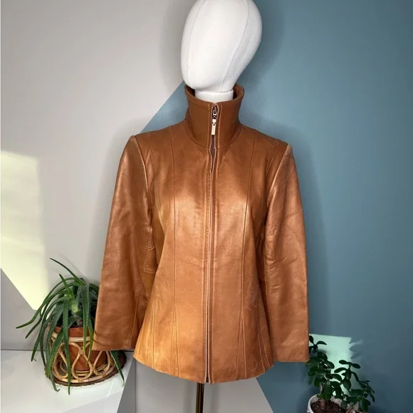 Jones New York Cognac Leather Jacket M Fitted Y2K Zip Tailored Caramel Blazer - Picture 2 of 14